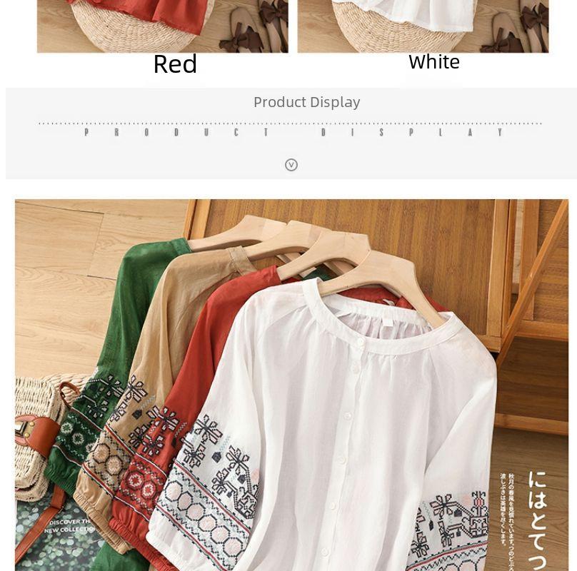 41 Retro Embroidered Lantern Sleeve Top - Women's Cotton & Linen Summer Shirt