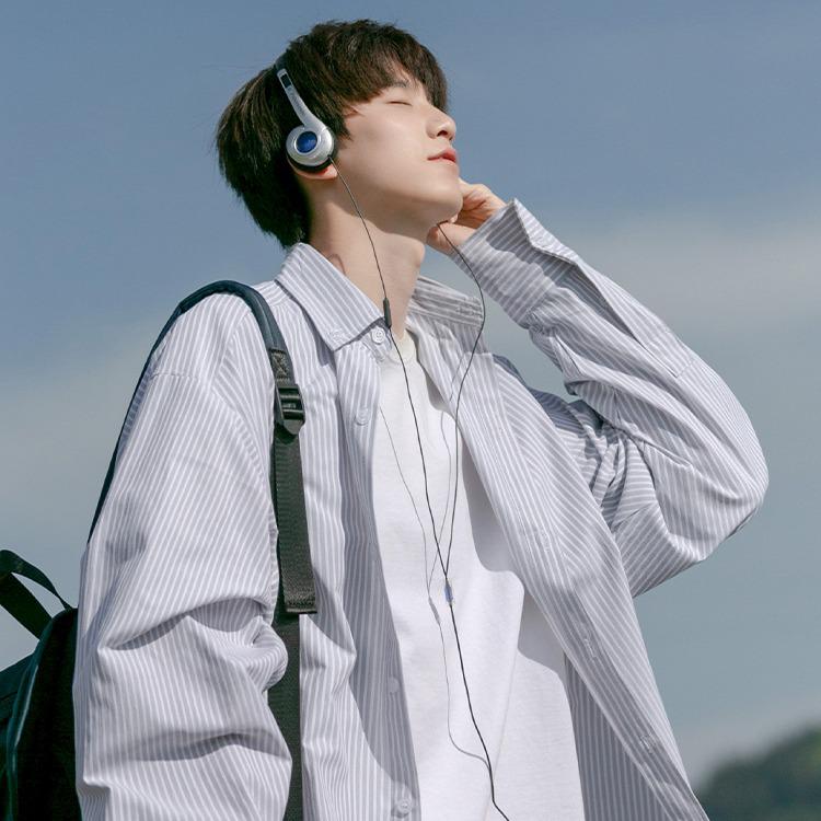 

Men s Japanese Striped Long Sleeve Shirt - Spring/Autumn Hong Kong Style, Trendy Loose-Fit Casual Outerwear XL чорний