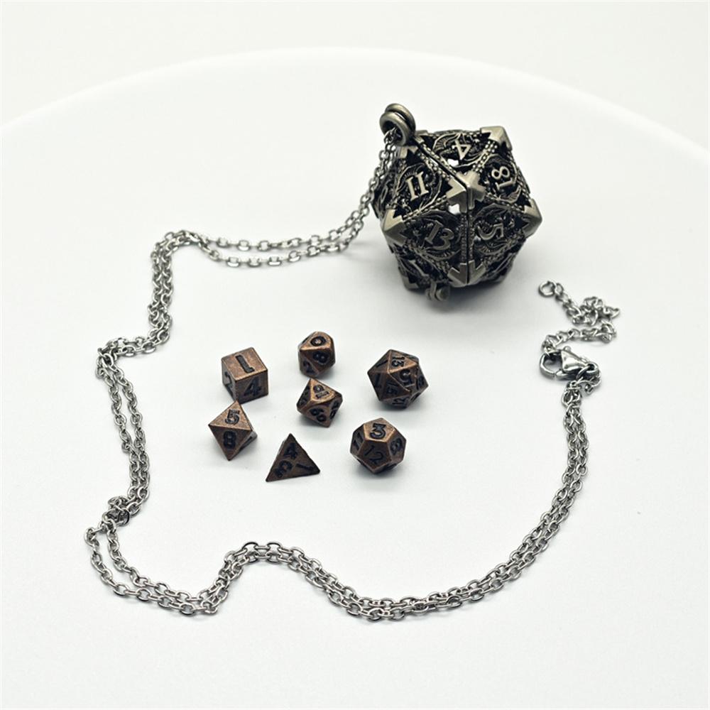 Mini 6MM Metal Flying Dragon Skeleton Dice Necklace D20 Metal Hollow Box+7pcs Metal Dice Pendant Set Portable Board Game Dice