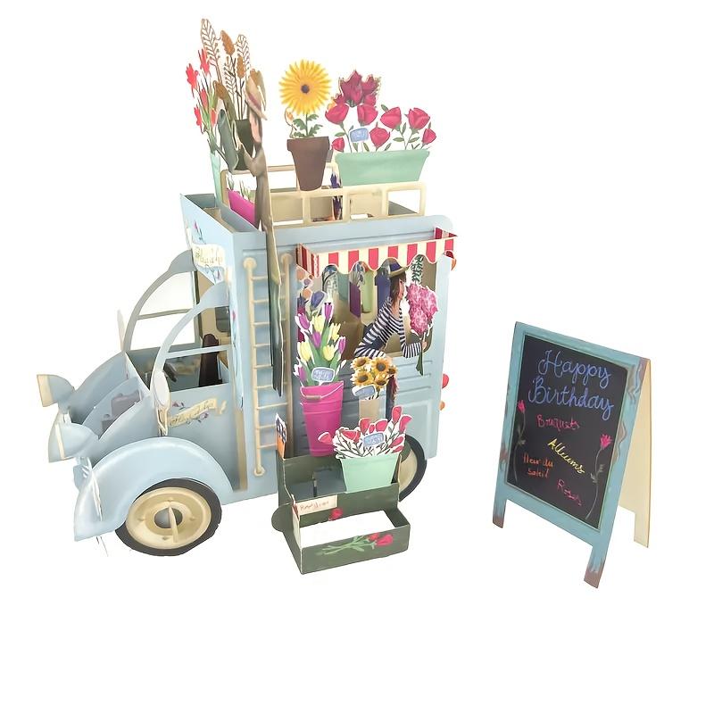 Charming 3D Pop-Up Birthday Card - Laser-Cut Paper Craft with Vintage Blue Car Design, Pink & Red Flowers, Ideal for Friends & Family