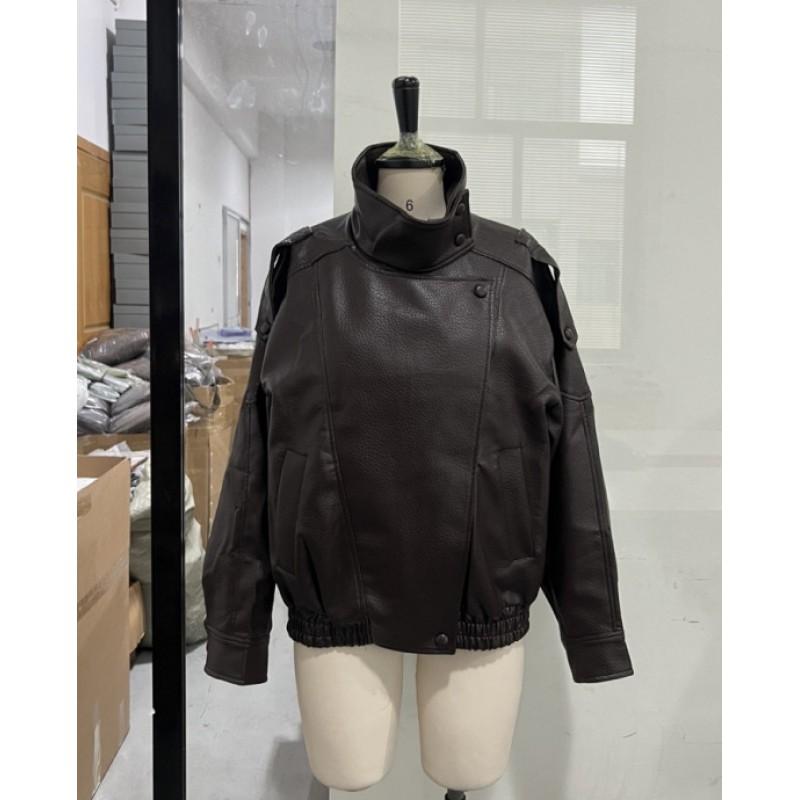 Winter Vintage Cropped Leather Jacket Womens Stand Collar Biker Coat Streetwear