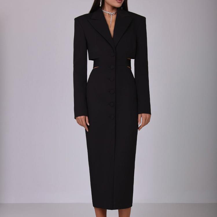 Women's Solid Cutout Waist Notched Lapel Single Breasted Long Sleeve Bodycon Blazer Maxi Dress