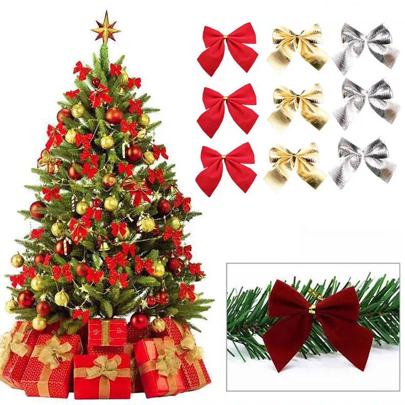 12Pcs Christmas Bows Decoration Gold Red Silver Small Bows for Christmas Tree Mini Bowknot DIY Ornaments Home Decoration 2025