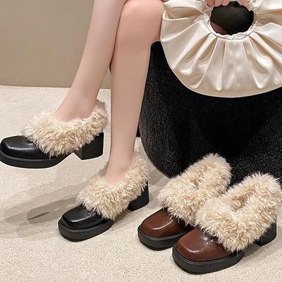 Mocassins rétro tempérament britannique femme automne et hiver 2025 nouveaux à talon épais en peluche chauds moelleux petites chaussures en cuir femme