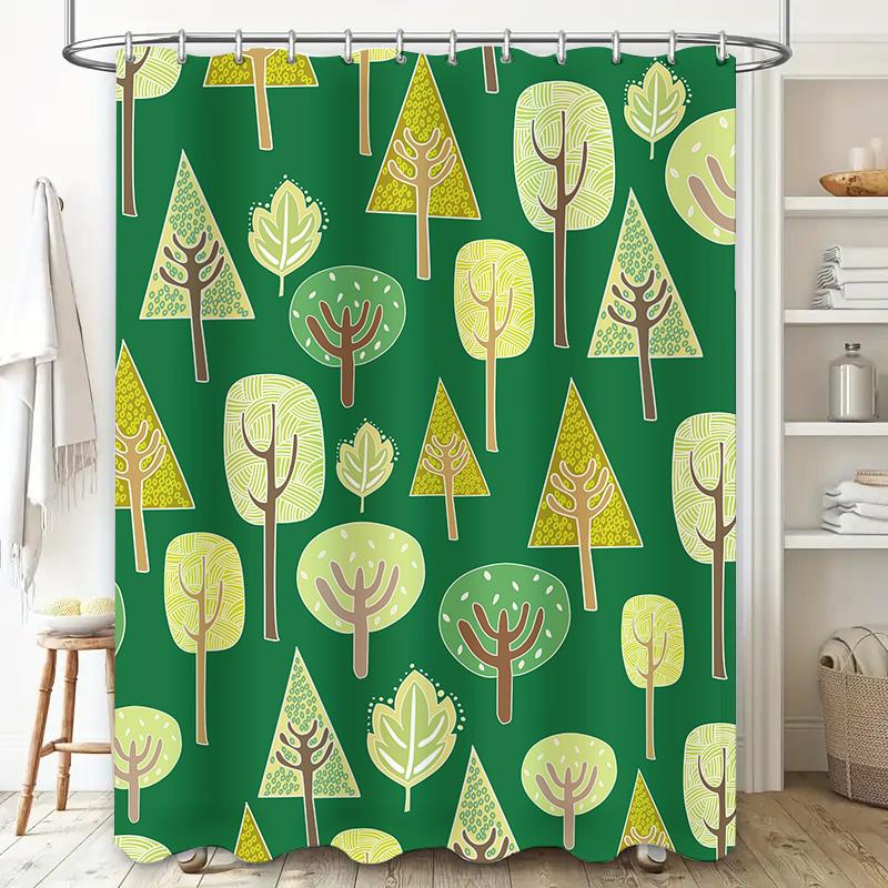Green Plaid Shower Curtain With Forest Print Decorative Bath Accessories For Bathroom Easy Installation Water Resistance Perfect
