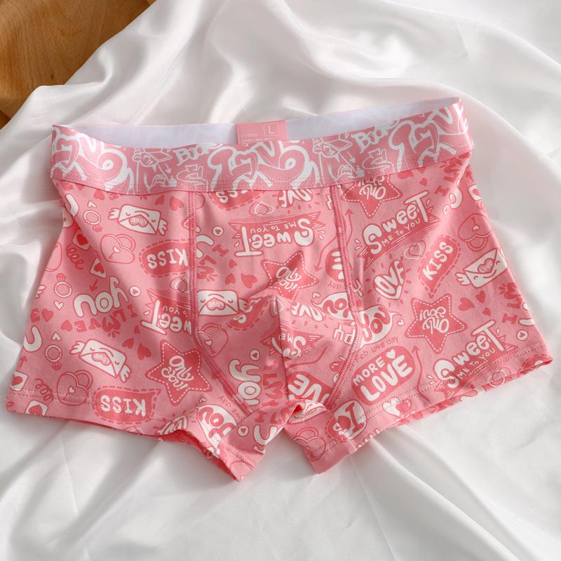 Men's Pink Cartoon Print Cotton Boxer Briefs - Mid-Waist, Breathable and Trendy