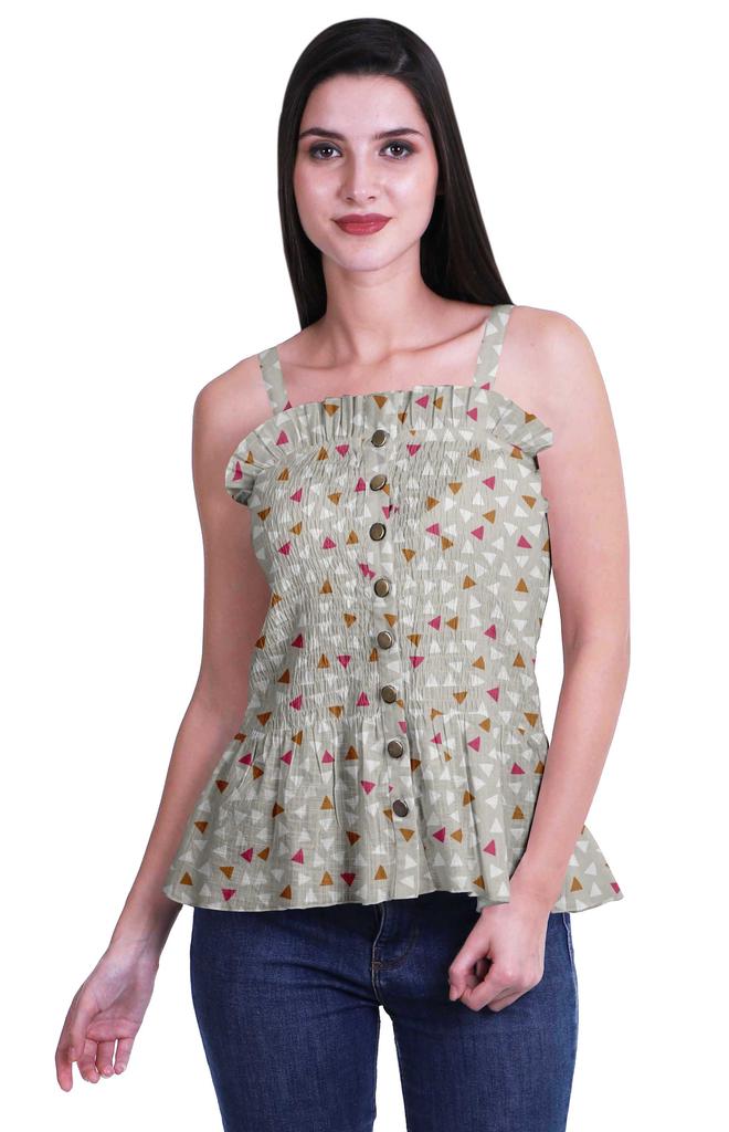 Moomaya Casual Shoulder Strap Flared Hem Cotton Slub Printed Women Summer