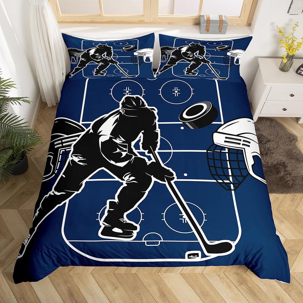 Capa de Edredom Graffiti Hóquei no Gelo Conjunto de Cama Esporte de Inverno Crianças Meninos Jogador de Hóquei Capa de Edredom Aquarela Esportes Capa de Colcha