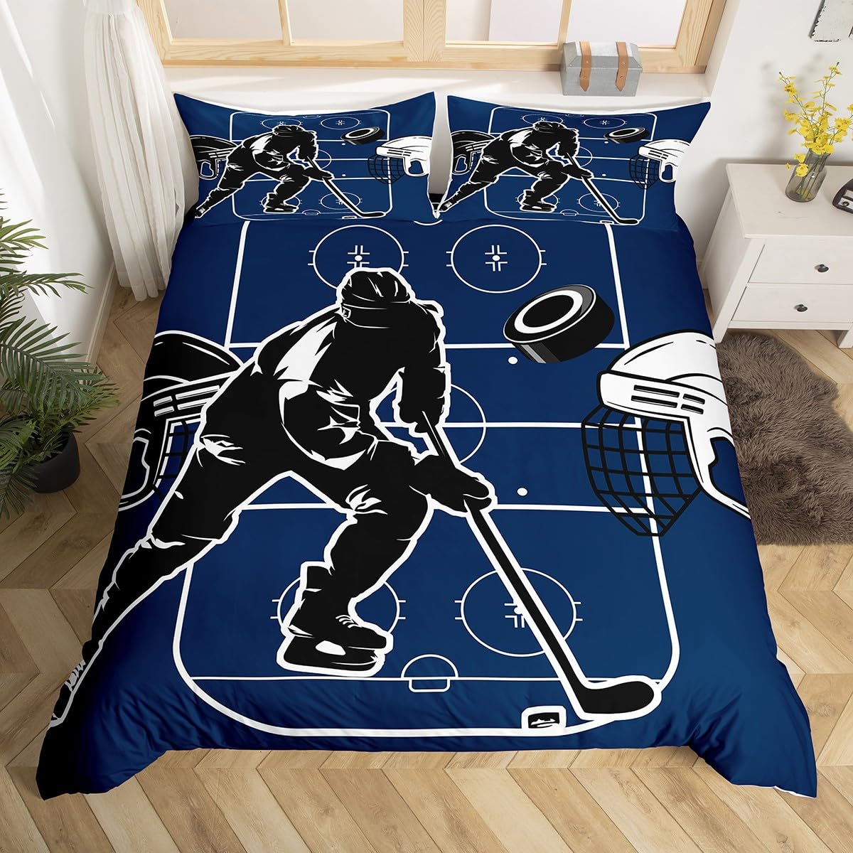

Graffiti Ice Hockey Duvet Cover Winter Sport Bedding Set Kids Boys Hockey Player Comforter Cover Watercolor Sports Quilt Cover EU Double(200*200cm)3pcs