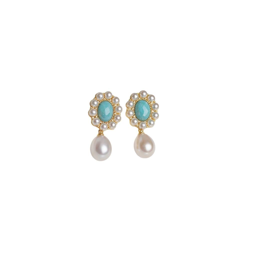 Vintage Turquoise Natural Freshwater Pearl Stud Earrings S911 Silver Needle Light Luxury High-end Earrings with Niche Design for Women