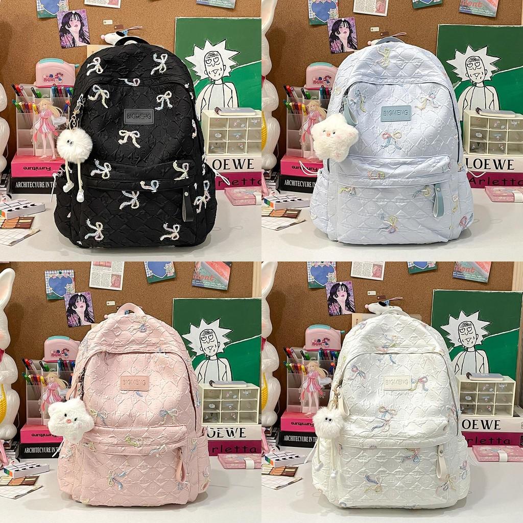 School Minimalist Nylon Backpack With Bow Embroidery Design For Teens Daily