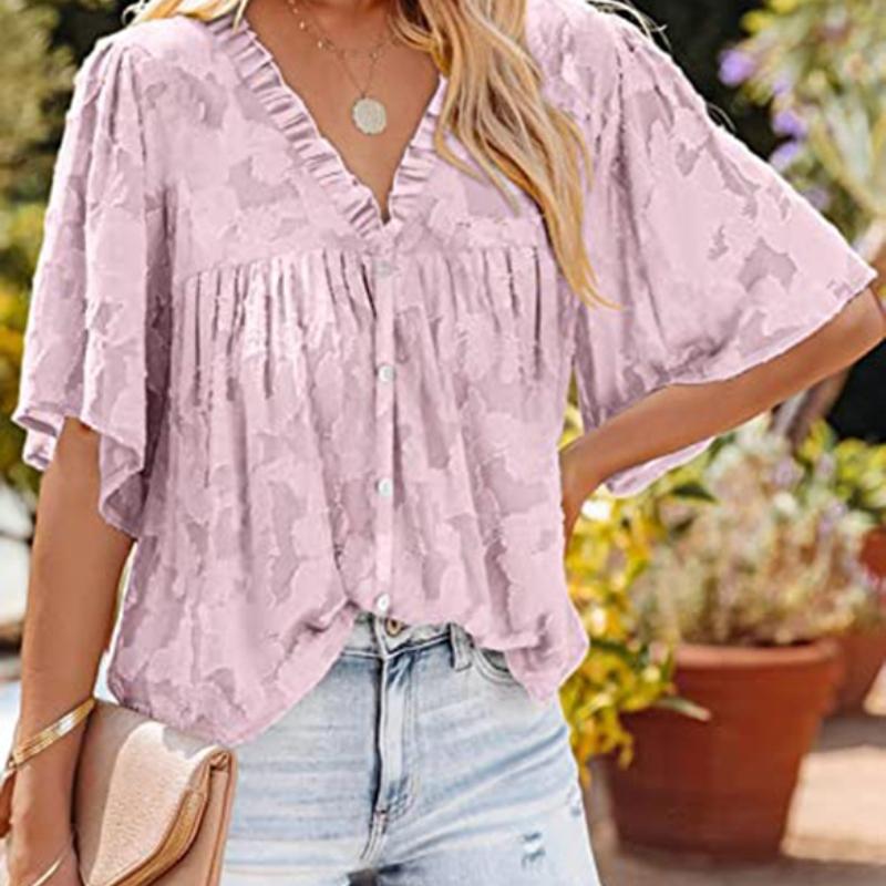 

Европейская и американская женская летняя шифоновая рубашка с рукавами-колокольчиками и воротником в виде листа лотоса, кружевной топ на пуговицах