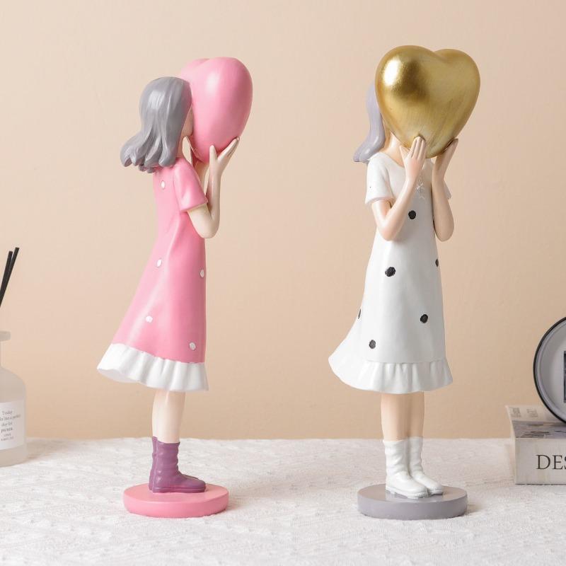 Cute Girl Statue Craft Resin Figurine Sculpture Decoration for Living Room Office or Bookshelf Heart Girl Ornament Wedding Gift
