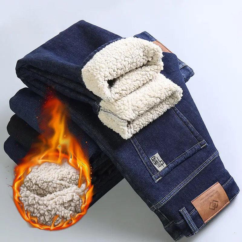 Winter Warm Fleece Jeans Men Straight Stretch Thick Casual Thermal Denim Pants Male Business Work Trousers Men Clothing