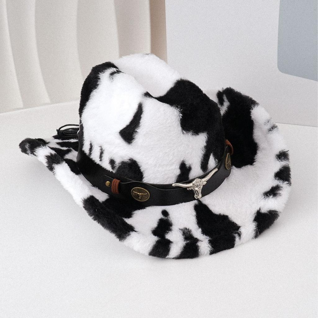 Cow cowboy hat women's autumn and winter new fashion plush woolen hat Internet celebrity hat top hat
