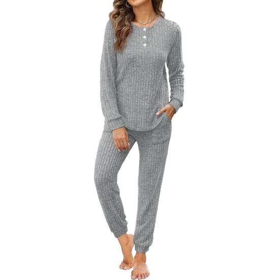Women's Ribbed Knit Outfits 2 Piece Long Sleeve Pajama Set Fall Casual Sweatshirt And Joggers Lounge Set