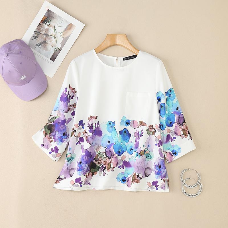 

ZANZEA Женская блузка с круглым вырезом, свободного кроя, с рукавом 3/4, с цветочным принтом S синий