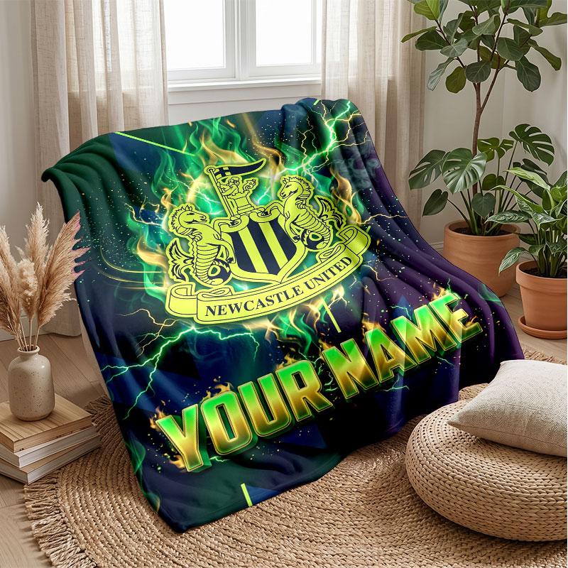 Newcastle United FC Custom Name Text Flannel Blanket Soccer Logo Personalized Fleece Throw Blanket Special Gift For Sofa Bedroom Home