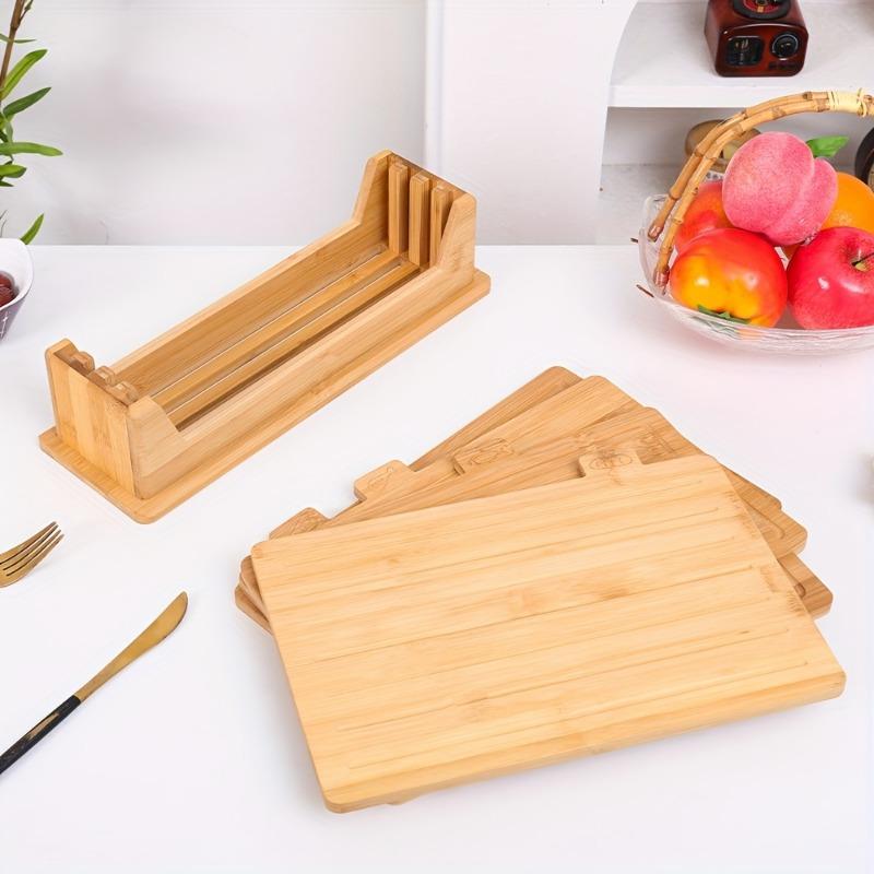 4pcs Bamboo Cutting Board Set with Stand Food Icons Juice Groove for Meat Fish Bread Vegetables Fruits Christmas Kitchen Tool