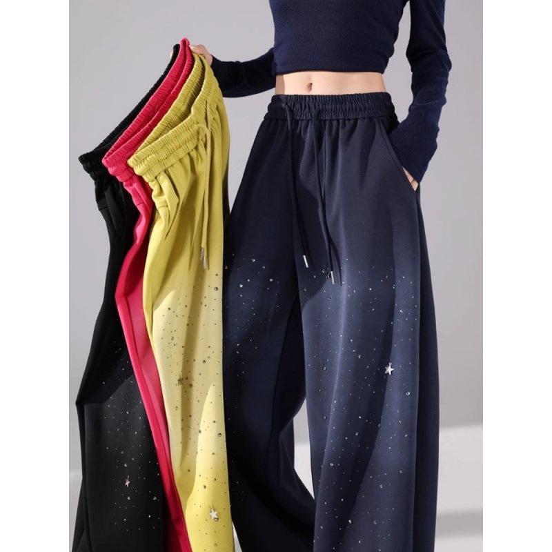 Pantalones de chándal para mujer con plátano y strass degradado - Cintura elástica Otoño/Invierno Pantalones casuales de pierna ancha