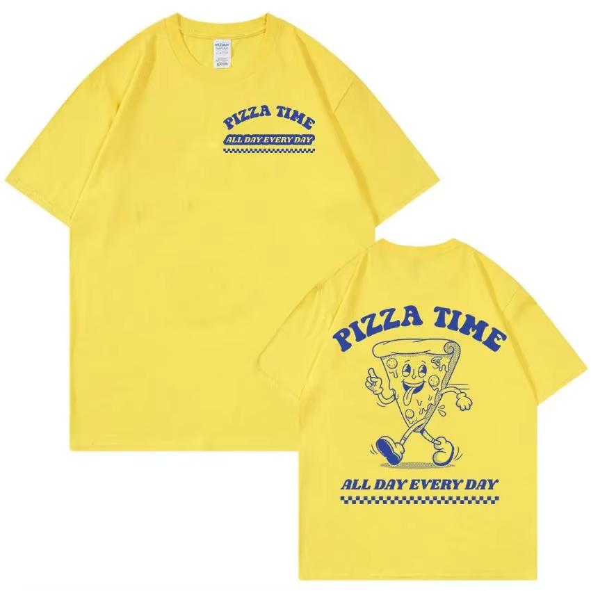 Summer New Pizza Time All Day Meme Printed T-shirt For Men Retro Harajuku Short Sleeved Cotton Tees Casual Oversized Unisex Tops