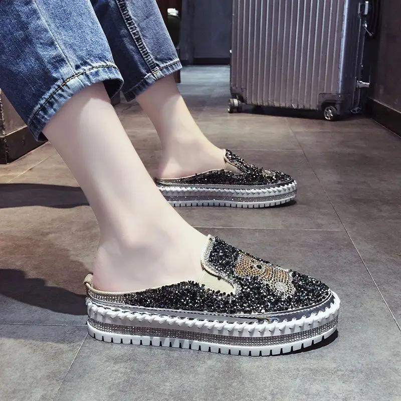 Fashion Diamond Rhinestone Loafers with Crystals Ladies Shoes High On Platform Low Slip Women Footwear Bow Canvas 39 Cotton Trends 2024