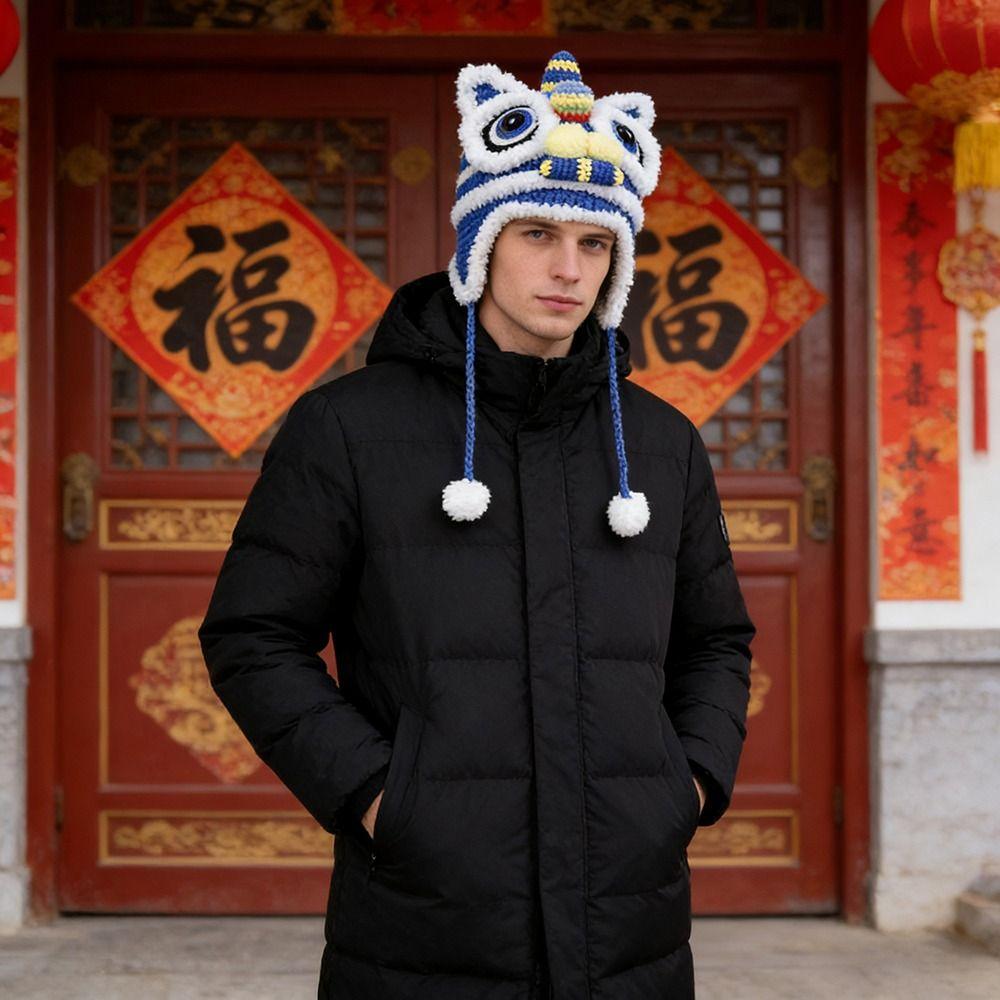 Chinese Style Tiger Knitted Hat Parent-Unisex Traditional Lion Dance Ear Protection Hat Windproof Soft Pullover Hat