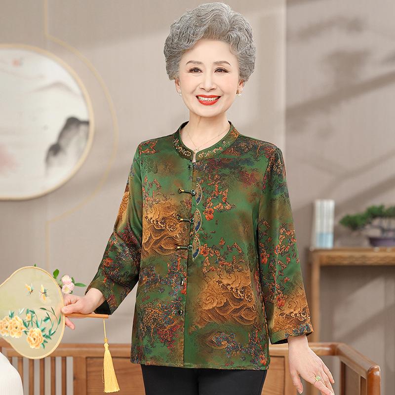 

Летняя рубашка в китайском стиле Тан для бабушки - Воротник-стойка, Модная блузка для мам среднего и пожилого возраста 5XL - 140-155 lbs зелёный