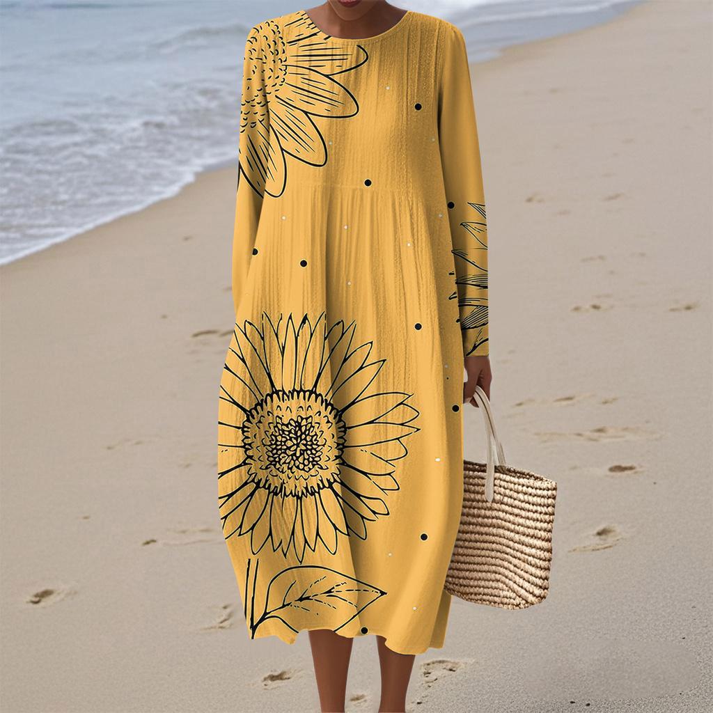 Women's Fashionable Casual Long-Sleeved Round Neck Floral Print Zipper Dress