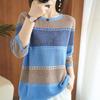 Ladies Spring Thin Knitted Mid Sleeves Round Neck Loose Striped Cutouts