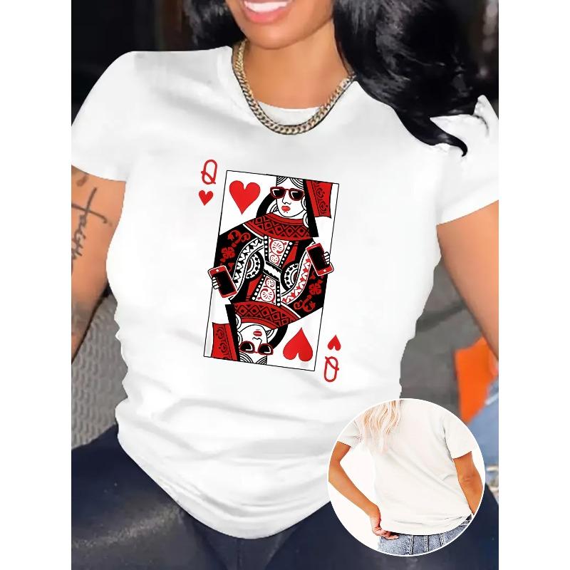 Women's Q of Hearts Print T-Shirt Casual Short Sleeve Round Neck Poker-Themed Summer Top