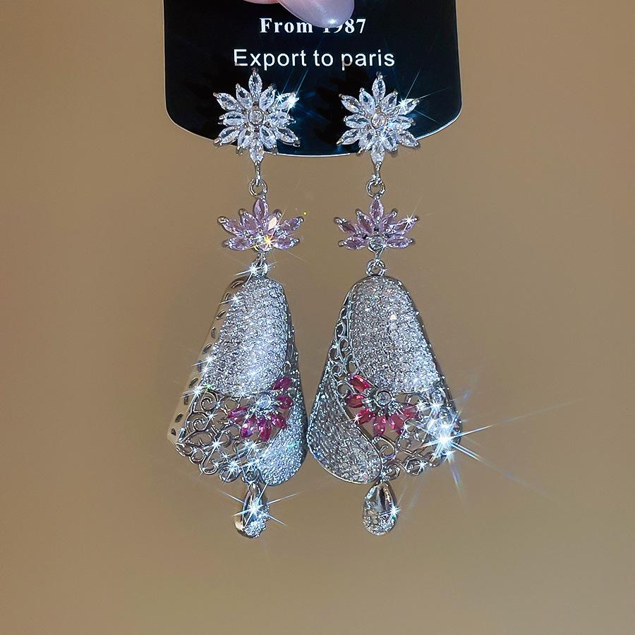 

Luxury Full CZ Cubic Zirconia Flower Water Drop Pendant Long Dangle Earrings for Women Silver Plated Copper Party Jewelry