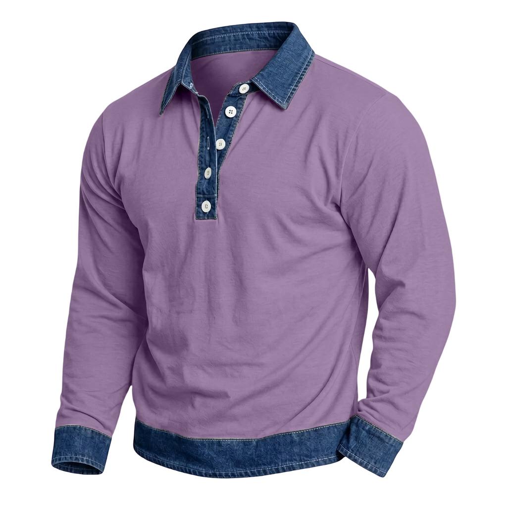 Herren Casual Patchwork Denim Langarmhemd mit Kragen
