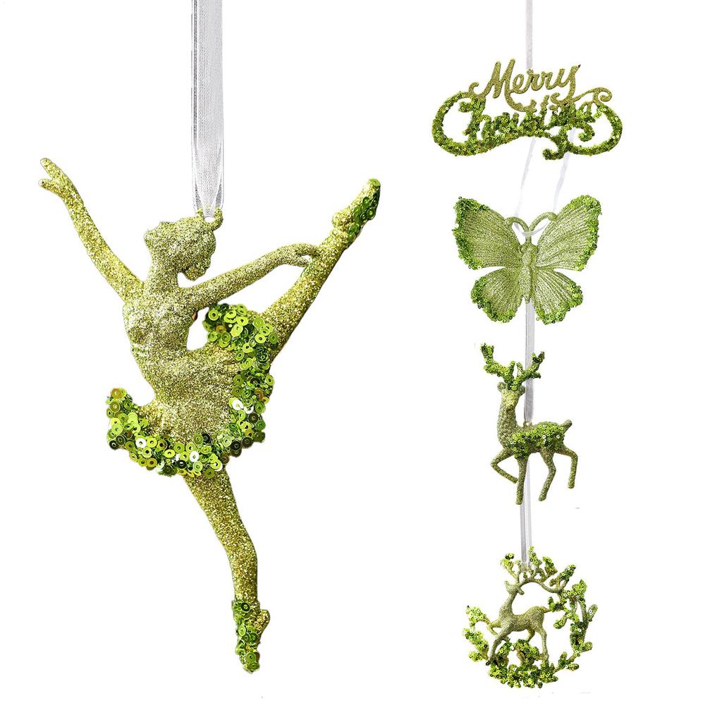 3D Lightweight Festive Green Glitter Detail Pendant PC Christmas Tree Snowflake Ornaments For Indoor Home Living Room Wall