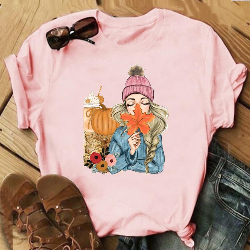 Autumn Maple Leaf Halloween Thanksgiving Print ShortSleeved TShirt European American Style Aesthetic Top for Unisex Women