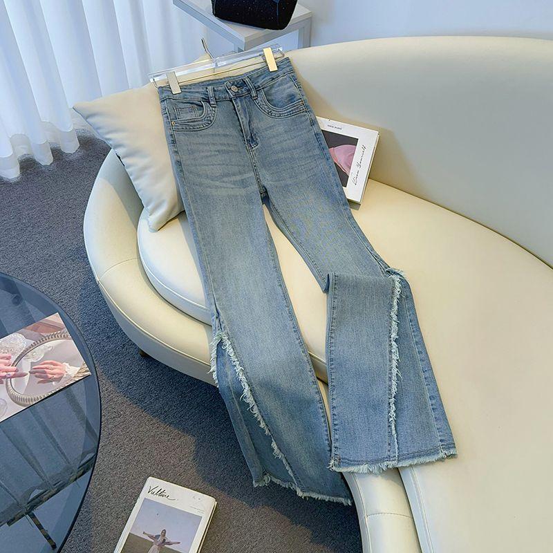 

Ouxue ~ Recommended! Light Color Skinny Denim Women s Spring and Summer Popular Frayed Horseshoe Pants Slim Flare Pants Blue S
