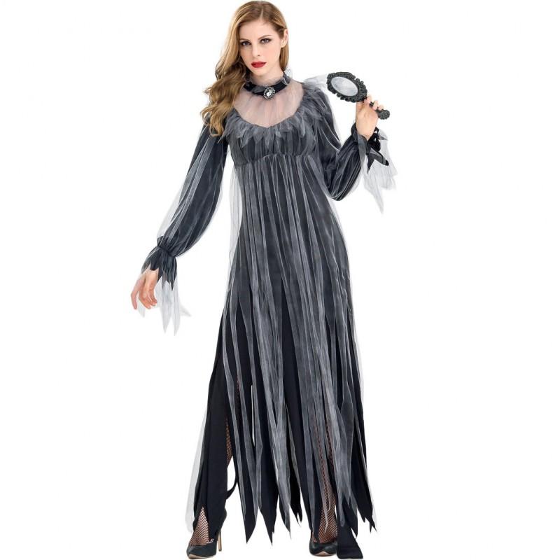 Halloween Costume Women Ghost Bride Witch Vampire Cosplay Dress With Necklace Ribbons