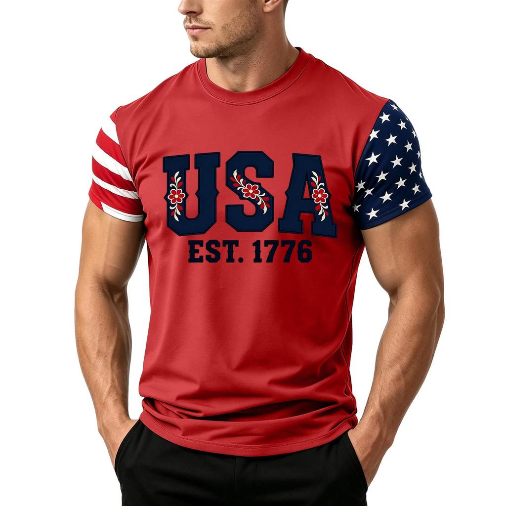 Men's Independence Day Flag Print Short Sleeve T-Shirt, Loose Casual Daily Summer Tops