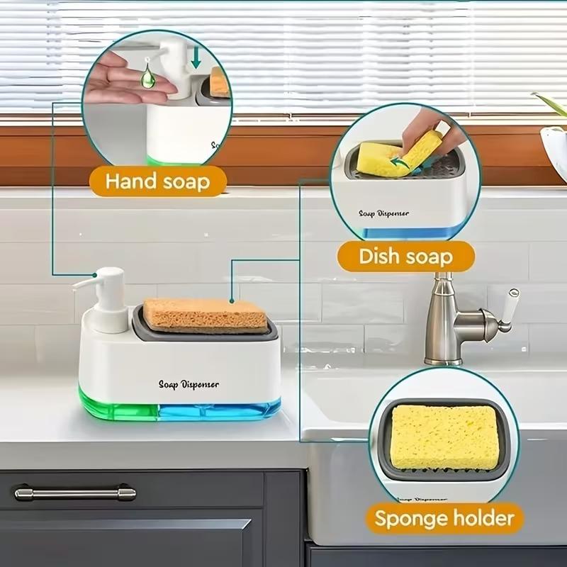 1-in-1 Hand and Dish Soap Dispenser Set with Sponge Holder Dual Countertop Kitchen Sink Soap Pump Organizer