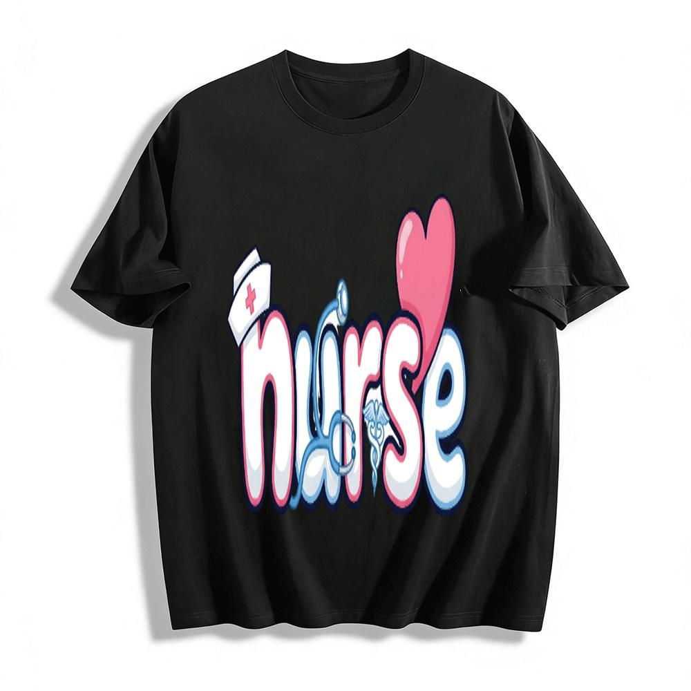Cute Nurse Themed Graphic Casual T-Shirt With Heart Element Pure cotton T-shirt XXS