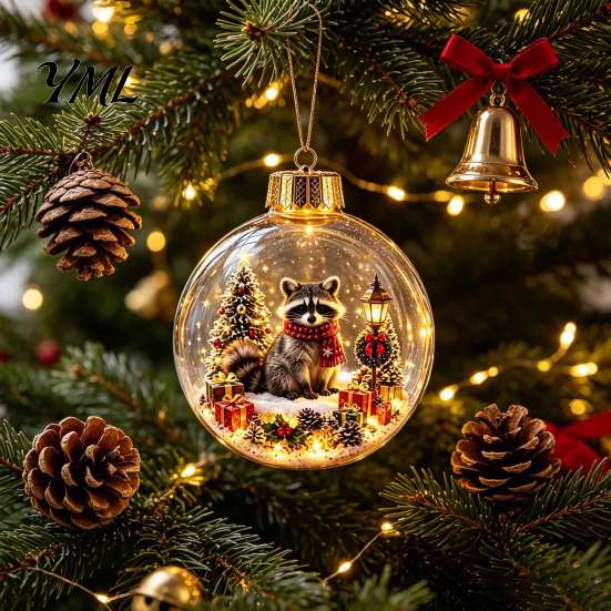 Warm Light Christmas Scenes 3D Animal Faux Crystal Ball Ornament, Lighted Acrylic Hanging Decor Indoor Party Accents with Hedgehog Penguin Panda, LED