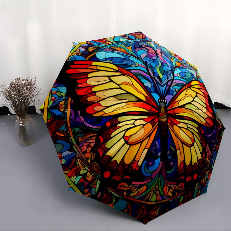 1pc Butterfly StainedGlass Automatic Open/close Umbrella, 8-Rib sturdy structure, Auto Folding/Opening, Portable Travel Umbrella for Women, Parties022