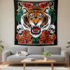 Roaring Tiger Head with Red Roses and Skulls Tattoo Art Wall Tapestry Gothic Decor for Man Cave Bedroom Gift