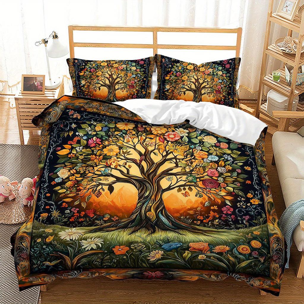 3Pcs Bohemian Floral Tree Of Life Bedding Duvet Cover Set Tree Of Life Bedding Quilt Set Floral Themed Bed Quilt Set Vintage