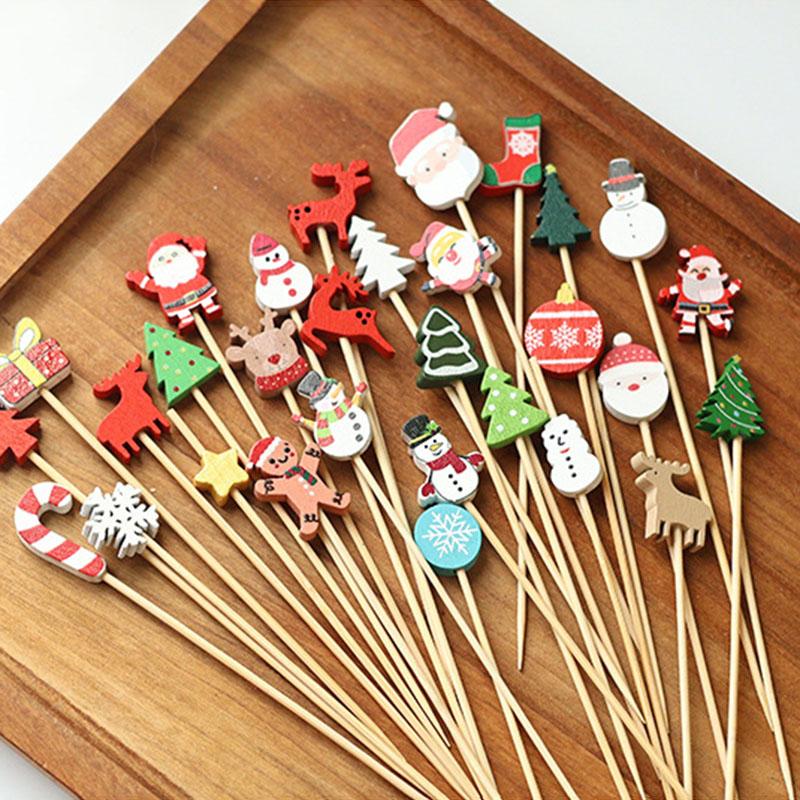 100 Stück Einweg Bambusspieße Weihnachten Obstgabeln Karamellapfel-Stäbchen Kreative Cocktailspieße Partydekoration Bambusstäbchen