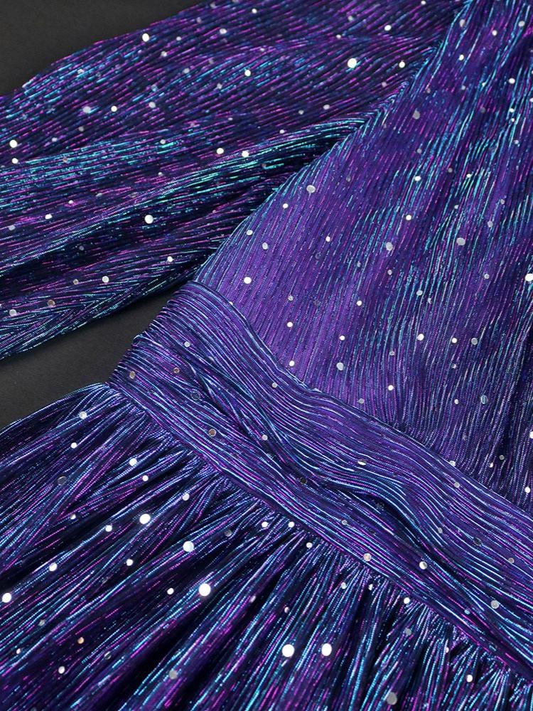 Precioso Vestido Maxi Morado con Lentejuelas, Cuello en V, Mangas Largas, Línea A, Largo hasta el Tobillo, Brillante Vestido de Fiesta de Noche para Mujer