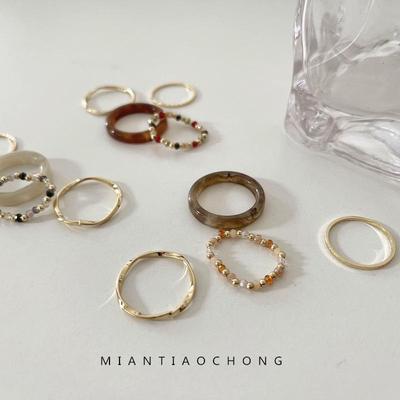 Colorful Retro Japanese-Korean Beaded Resin Acetate Wave Ring Set