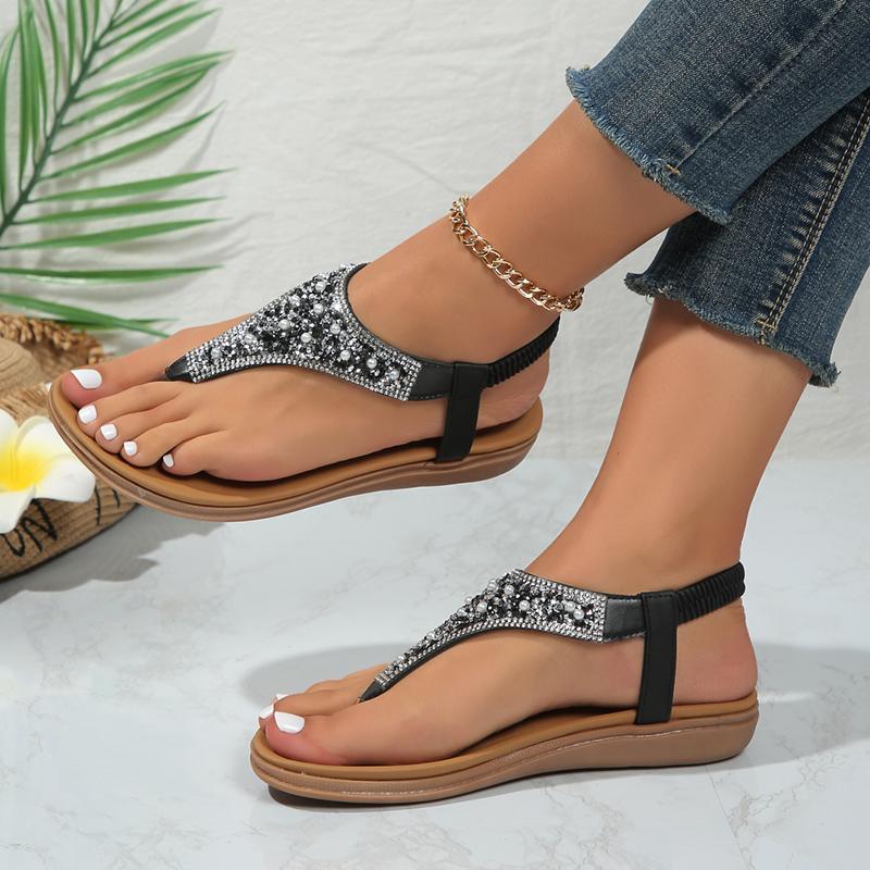 Lucyever Summer Clip Toe Bohemia Sandals Women 2024 Fashion Shiny Crystal Flat Sandalias Woman Non Slip Sole Beach Sandles Mujer