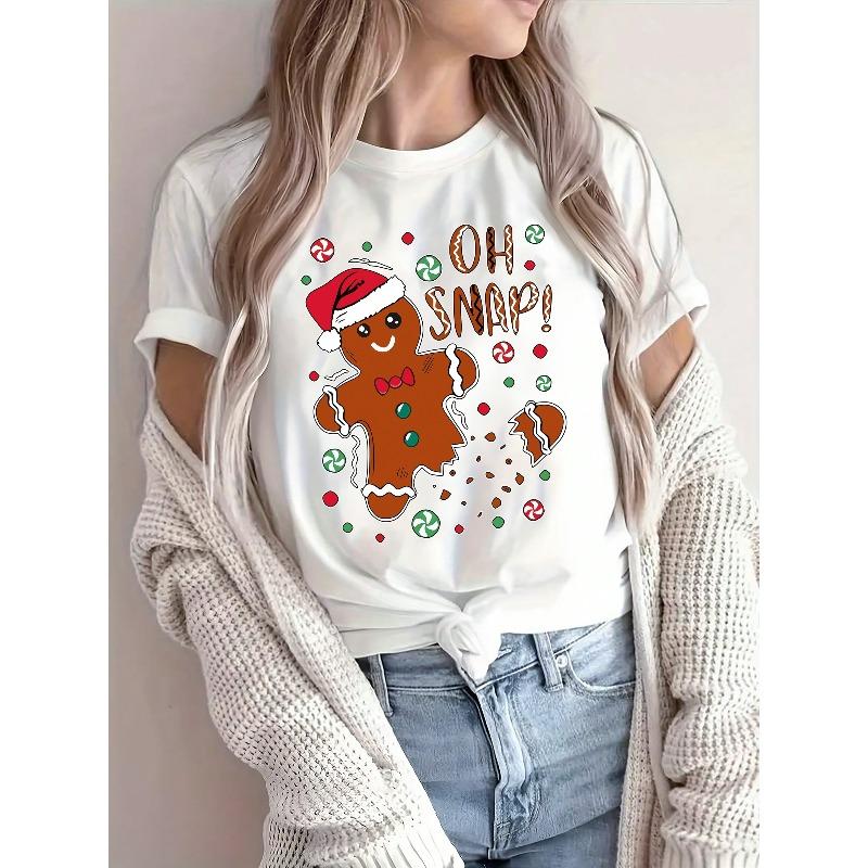 European Size Christmas Gingerbread Man Graphic T-Shirt for Women - Casual Crew Neck Short Sleeve Tee with Festive Candy Cane Santa Hat Print,