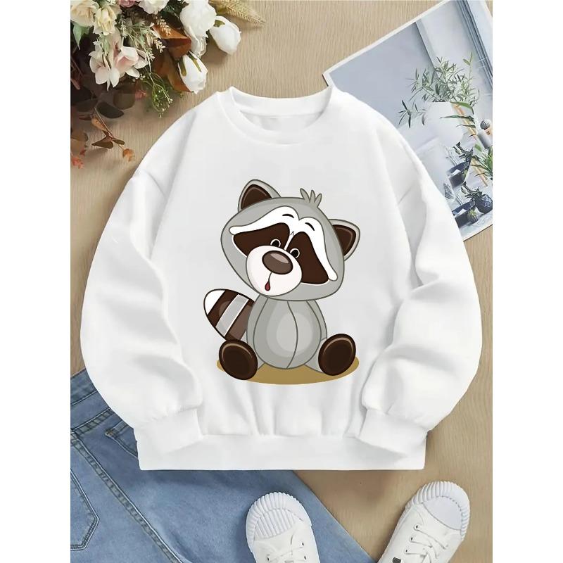 Crewneck Sweatshirt for Girls Featuring an Adorable Raccoon with a Striped Tail. It'S Machine Washable, Suitable for Spring And Autumn